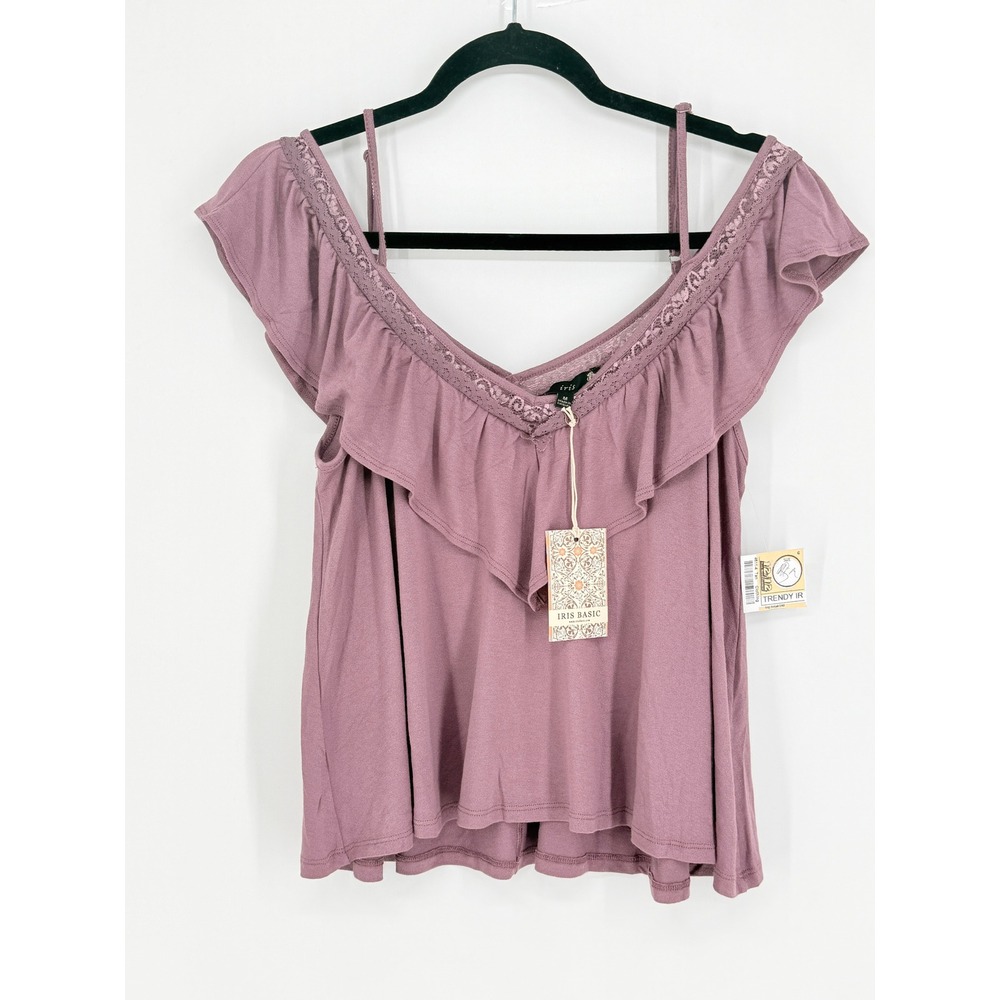 Cold Shoulder Coquette Mauve Ruffle Lace Trim Knit Top Dainty Size M Romantic